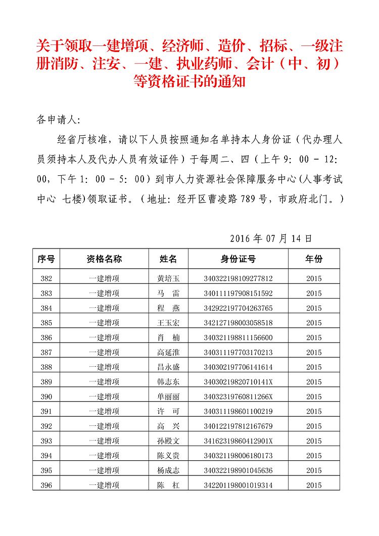 蚌埠一建增项、一建资格证书领取的通知